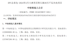 12.30亿元！大唐30万千瓦风电项目EPC总承包中标候选人公示